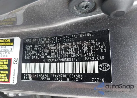 2021 Toyota Camry Se Hybrid z USA, uszkodzony, nr VIN 4T1S31AK9MU568179